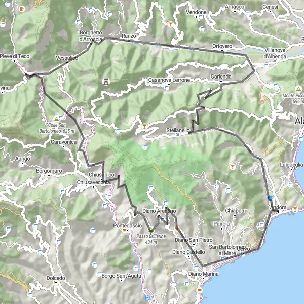 Map miniature of "Andora to Garlenda Loop" cycling inspiration in Liguria, Italy. Generated by Tarmacs.app cycling route planner
