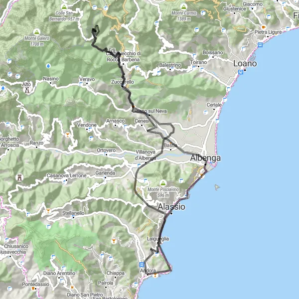 Zemljevid v pomanjšavi "Ciklotur po Liguriji - Andora: Monte Marchiano do Acquedotto" kolesarske inspiracije v Liguria, Italy. Generirano z načrtovalcem kolesarskih poti Tarmacs.app