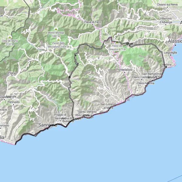 Map miniature of "Andora to Punta Mucchio di Scaglie Loop" cycling inspiration in Liguria, Italy. Generated by Tarmacs.app cycling route planner