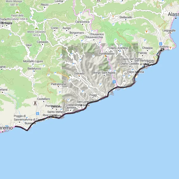 Miniatura della mappa di ispirazione al ciclismo "Scorci della Riviera Ligure" nella regione di Liguria, Italy. Generata da Tarmacs.app, pianificatore di rotte ciclistiche