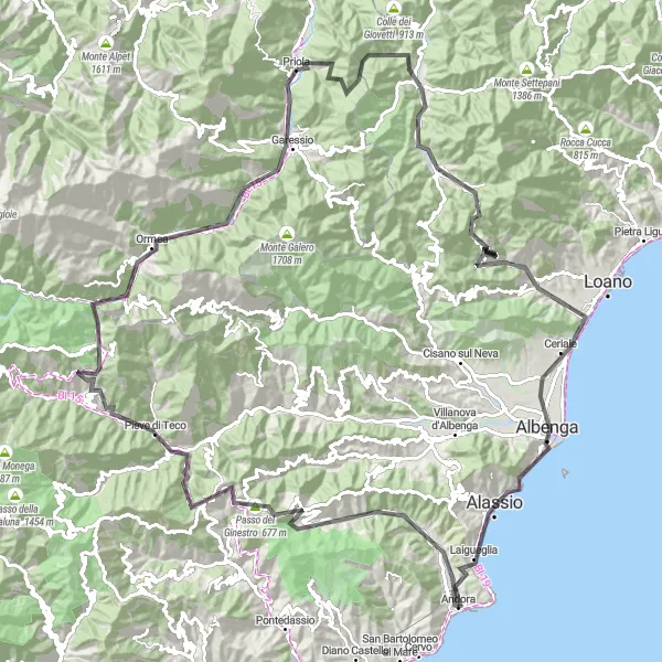 Miniatura mapy "Trasa gravelowa z Andory przez Poggio Carmo do Monte Marchiano" - trasy rowerowej w Liguria, Italy. Wygenerowane przez planer tras rowerowych Tarmacs.app