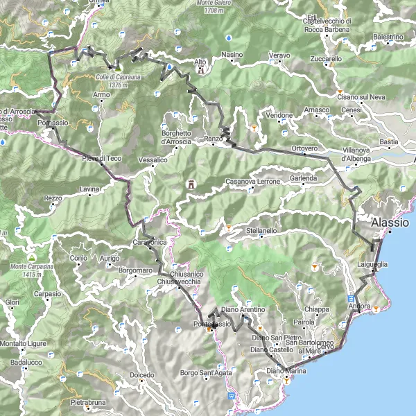 Zemljevid v pomanjšavi "Andora do Laigueglie" kolesarske inspiracije v Liguria, Italy. Generirano z načrtovalcem kolesarskih poti Tarmacs.app
