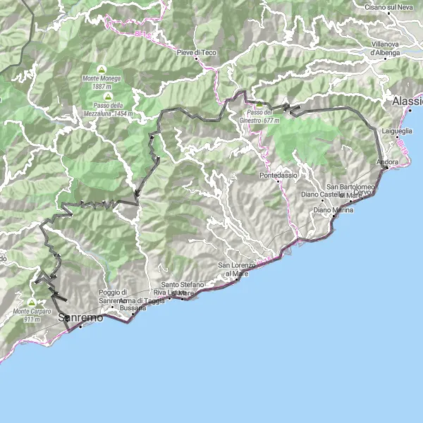 Map miniature of "Andora to Sanremo Epic Ride" cycling inspiration in Liguria, Italy. Generated by Tarmacs.app cycling route planner