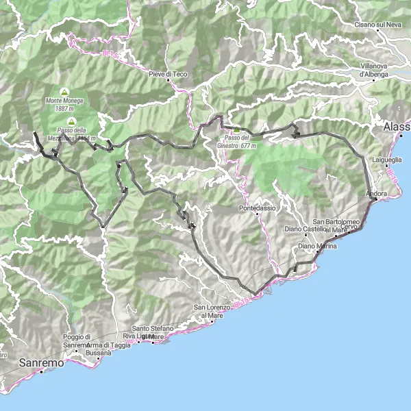 Mapa miniatúra "Výlet cez kopce a doliny Ligúrie" cyklistická inšpirácia v Liguria, Italy. Vygenerované cyklistickým plánovačom trás Tarmacs.app