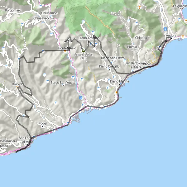 Mapa miniatúra "Cyklistická trasa okolo Andory - Liguria" cyklistická inšpirácia v Liguria, Italy. Vygenerované cyklistickým plánovačom trás Tarmacs.app