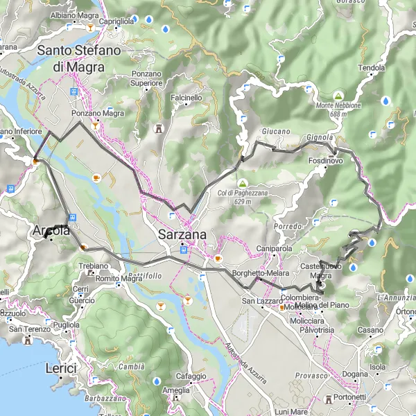 Miniaturní mapa "Sarzana - Monte Buzzo (krátká trasa)" inspirace pro cyklisty v oblasti Liguria, Italy. Vytvořeno pomocí plánovače tras Tarmacs.app