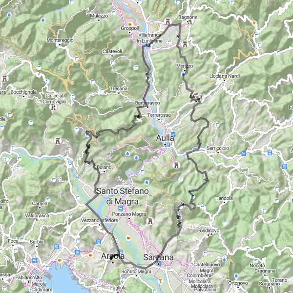 Miniatua del mapa de inspiración ciclista "Ruta de Ciclismo por Monte Misutetto y Bolano" en Liguria, Italy. Generado por Tarmacs.app planificador de rutas ciclistas