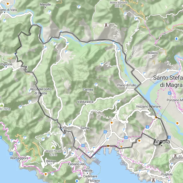 Zemljevid v pomanjšavi "Kolesarska pot okoli Arcola (Ligurija)" kolesarske inspiracije v Liguria, Italy. Generirano z načrtovalcem kolesarskih poti Tarmacs.app