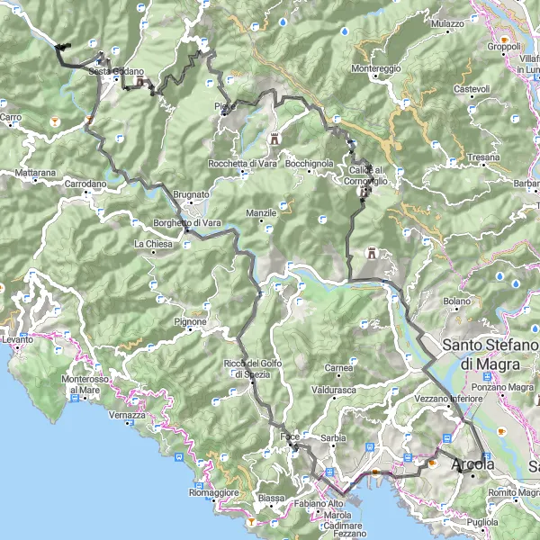 Miniature de la carte de l'inspiration cycliste "Tour en vélo de route autour de La Spezia" dans la Liguria, Italy. Générée par le planificateur d'itinéraire cycliste Tarmacs.app