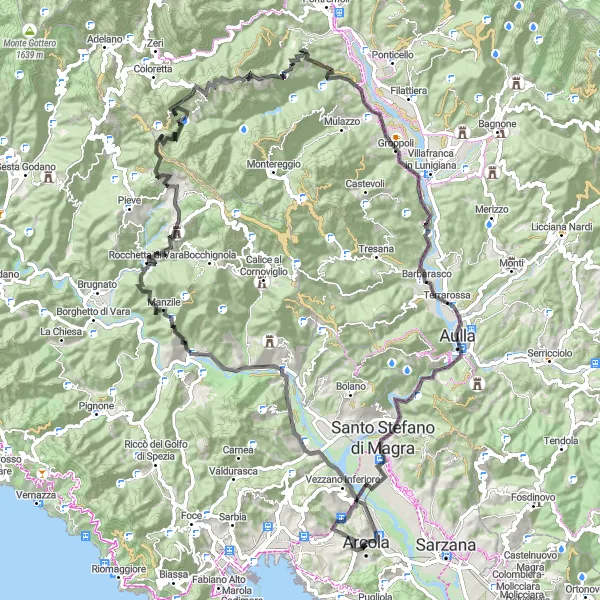 Miniatura della mappa di ispirazione al ciclismo "Cicloescursione da Arcola a Santo Stefano di Magra" nella regione di Liguria, Italy. Generata da Tarmacs.app, pianificatore di rotte ciclistiche