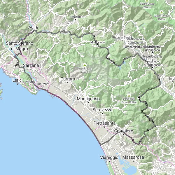 Map miniature of "Arcola - Monte Misutetto - Aulla - Monte Spiaggione - Casola in Lunigiana" cycling inspiration in Liguria, Italy. Generated by Tarmacs.app cycling route planner