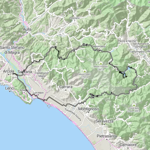 Kartminiatyr av "Utfordrende sykkeltur fra Sarzana til Monte Buzzo" sykkelinspirasjon i Liguria, Italy. Generert av Tarmacs.app sykkelrutoplanlegger