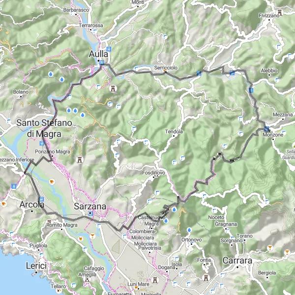 Map miniature of "Arcola - Monte Misutetto - Aulla - Cortila - Colle della Partia" cycling inspiration in Liguria, Italy. Generated by Tarmacs.app cycling route planner