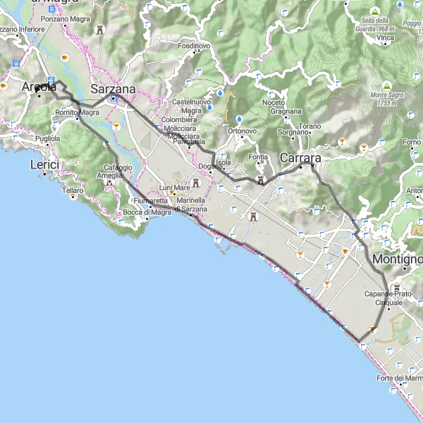 Map miniature of "Arcola - Monte Buzzo - Monte Barbuto - Carrara - Massa" cycling inspiration in Liguria, Italy. Generated by Tarmacs.app cycling route planner