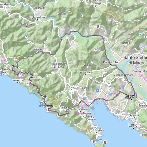 Miniaturní mapa "Okružní cyklistická trasa z Arcola" inspirace pro cyklisty v oblasti Liguria, Italy. Vytvořeno pomocí plánovače tras Tarmacs.app