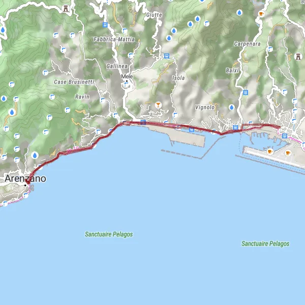 Miniatura della mappa di ispirazione al ciclismo "Arenzano - Voltri percorso ciclabile sterrato" nella regione di Liguria, Italy. Generata da Tarmacs.app, pianificatore di rotte ciclistiche