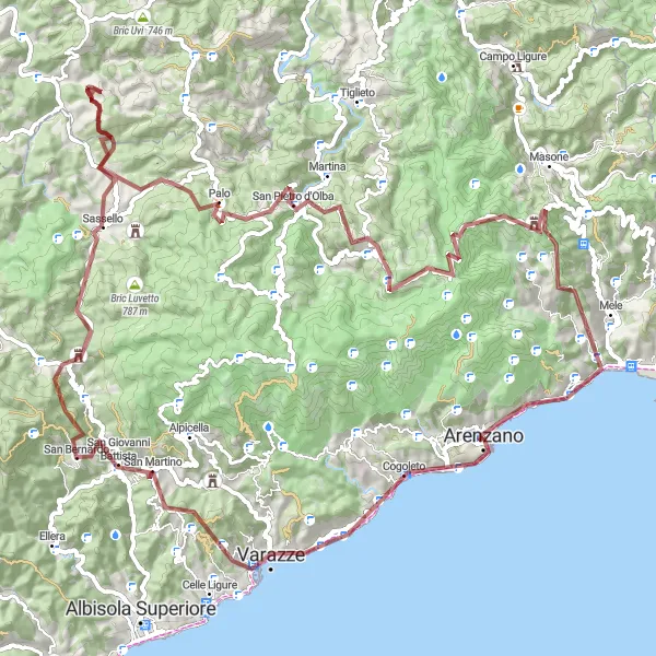 Zemljevid v pomanjšavi "Gravel kolesarska avantura v bližini Arenzana" kolesarske inspiracije v Liguria, Italy. Generirano z načrtovalcem kolesarskih poti Tarmacs.app