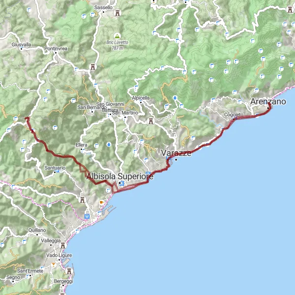 Miniatua del mapa de inspiración ciclista "Ruta de ciclismo de grava desafiante Arenzano-Arenzano" en Liguria, Italy. Generado por Tarmacs.app planificador de rutas ciclistas