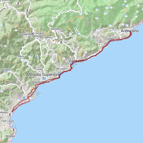 Map miniature of "Arenzano Gravel Loop" cycling inspiration in Liguria, Italy. Generated by Tarmacs.app cycling route planner