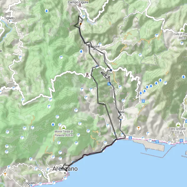 Miniatura della mappa di ispirazione al ciclismo "Arenzano - Mele percorsa panoramica in sella" nella regione di Liguria, Italy. Generata da Tarmacs.app, pianificatore di rotte ciclistiche