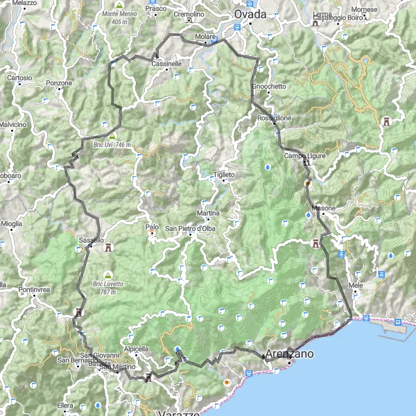 Miniatura della mappa di ispirazione al ciclismo "Sfida montuosa intorno ad Arenzano" nella regione di Liguria, Italy. Generata da Tarmacs.app, pianificatore di rotte ciclistiche