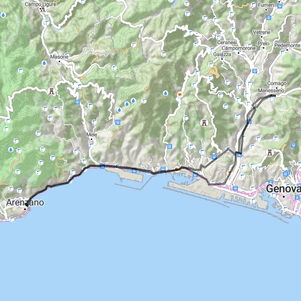 Zemljevid v pomanjšavi "Kolesarski izlet v bližini Arenzana" kolesarske inspiracije v Liguria, Italy. Generirano z načrtovalcem kolesarskih poti Tarmacs.app