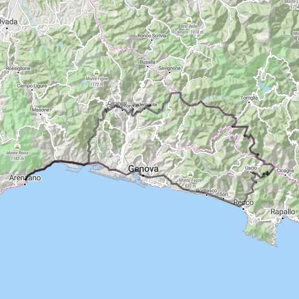 Karttaminiaatyyri "Vuoristoreitti Genovaan ja Vesimaan kautta" pyöräilyinspiraatiosta alueella Liguria, Italy. Luotu Tarmacs.app pyöräilyreittisuunnittelijalla