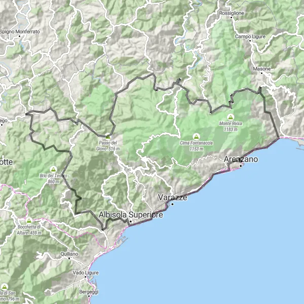 Miniatura della mappa di ispirazione al ciclismo "Montagne e Visite storiche" nella regione di Liguria, Italy. Generata da Tarmacs.app, pianificatore di rotte ciclistiche