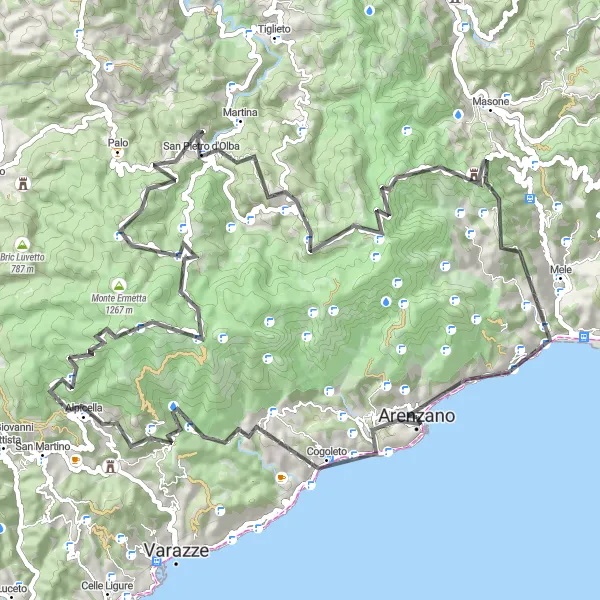 Map miniature of "Road Cycling Route around Arenzano" cycling inspiration in Liguria, Italy. Generated by Tarmacs.app cycling route planner