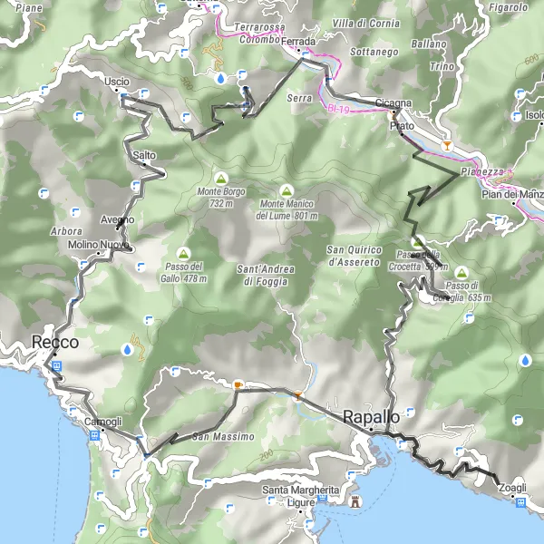 Miniatuurkaart van de fietsinspiratie "Passo della Spinarola and Castello di Rapallo Circuit" in Liguria, Italy. Gemaakt door de Tarmacs.app fietsrouteplanner