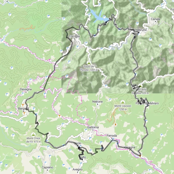 Kartminiatyr av "Avegno til Monte Croce dei Fò Loop" sykkelinspirasjon i Liguria, Italy. Generert av Tarmacs.app sykkelrutoplanlegger