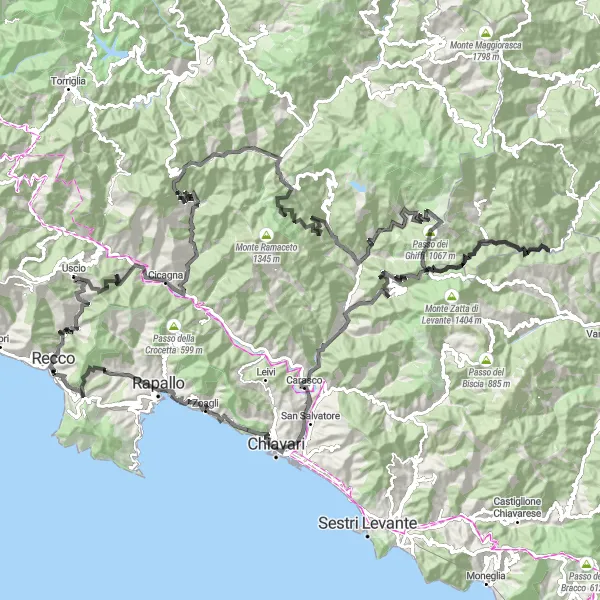 Miniature de la carte de l'inspiration cycliste "Parcours épique dans les montagnes de Ligurie" dans la Liguria, Italy. Générée par le planificateur d'itinéraire cycliste Tarmacs.app