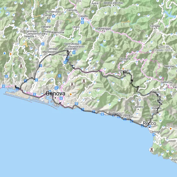 Miniatua del mapa de inspiración ciclista "Ruta de las Montañas y Vientos" en Liguria, Italy. Generado por Tarmacs.app planificador de rutas ciclistas