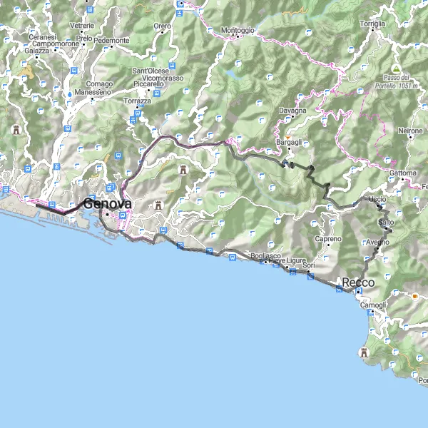 Karttaminiaatyyri "Avegno - Rosa dei venti" pyöräilyinspiraatiosta alueella Liguria, Italy. Luotu Tarmacs.app pyöräilyreittisuunnittelijalla