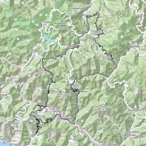 Miniaturní mapa "Road Monte Serro" inspirace pro cyklisty v oblasti Liguria, Italy. Vytvořeno pomocí plánovače tras Tarmacs.app