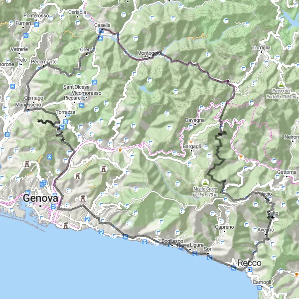 Miniatua del mapa de inspiración ciclista "Ruta escénica en bicicleta por los alrededores de Avegno" en Liguria, Italy. Generado por Tarmacs.app planificador de rutas ciclistas