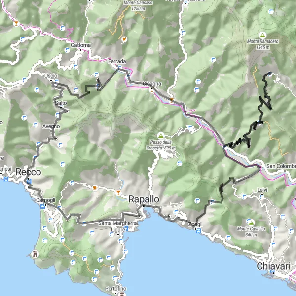 Miniatua del mapa de inspiración ciclista "Ruta de ciclismo de montaña cerca de Avegno" en Liguria, Italy. Generado por Tarmacs.app planificador de rutas ciclistas
