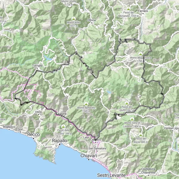 Miniatura della mappa di ispirazione al ciclismo "Giro in bici attraverso Passo della Scoffera e Monte Crociglia" nella regione di Liguria, Italy. Generata da Tarmacs.app, pianificatore di rotte ciclistiche