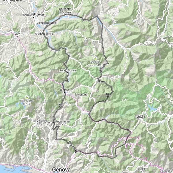 Map miniature of "Bargagli to Montoggio Loop" cycling inspiration in Liguria, Italy. Generated by Tarmacs.app cycling route planner