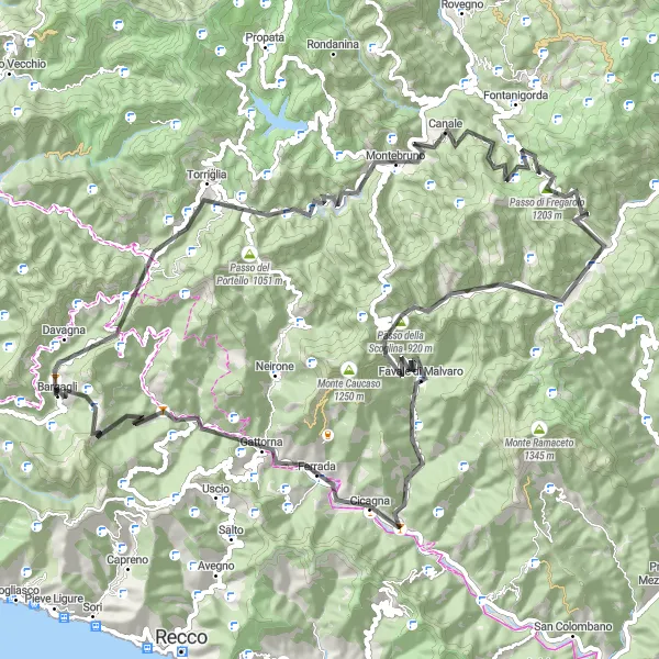 Miniaturní mapa "Okruh kolem Bargagli" inspirace pro cyklisty v oblasti Liguria, Italy. Vytvořeno pomocí plánovače tras Tarmacs.app