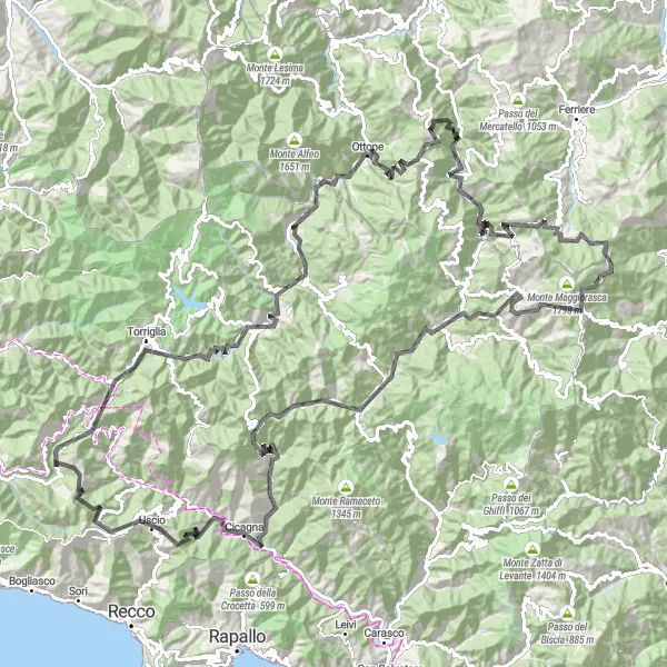 Mapa miniatúra "Kruhová cyklotrasa od Bargagli" cyklistická inšpirácia v Liguria, Italy. Vygenerované cyklistickým plánovačom trás Tarmacs.app