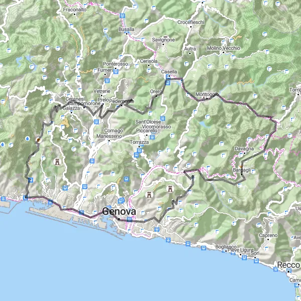 Map miniature of "Bargagli - Genoa - Monte dei Torbi - Casella" cycling inspiration in Liguria, Italy. Generated by Tarmacs.app cycling route planner