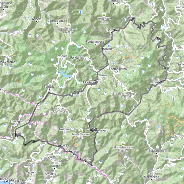 Miniatua del mapa de inspiración ciclista "Giro impresionante por Davagna y Ottone" en Liguria, Italy. Generado por Tarmacs.app planificador de rutas ciclistas