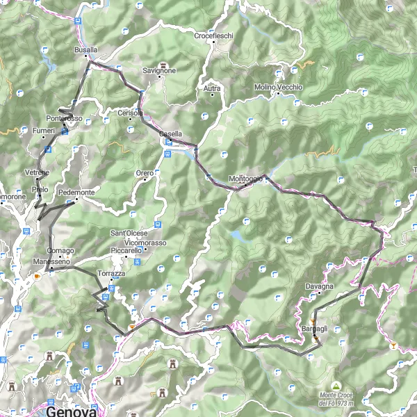 Miniatua del mapa de inspiración ciclista "Ruta Escénica por Pontedecimo y Monte Chiappa" en Liguria, Italy. Generado por Tarmacs.app planificador de rutas ciclistas
