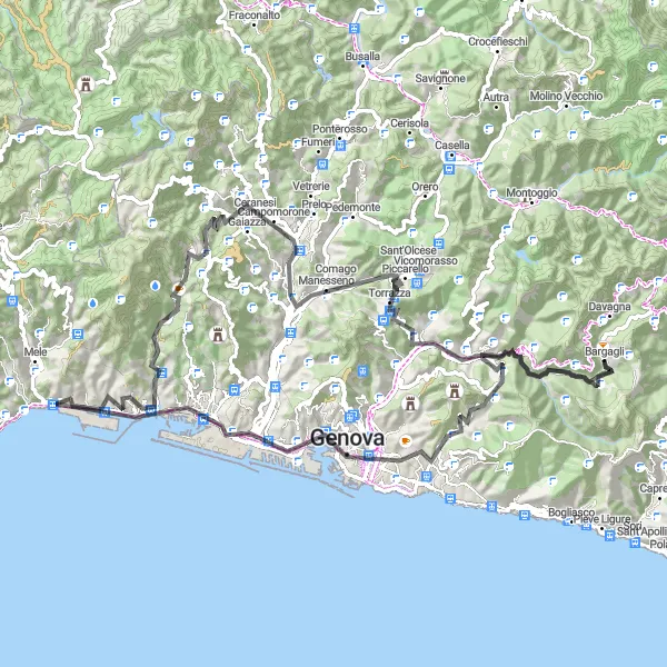 Kartminiatyr av "Opplev Genoa og Monte Bricchetto på denne 97 km lange landeveissykkelturen" sykkelinspirasjon i Liguria, Italy. Generert av Tarmacs.app sykkelrutoplanlegger