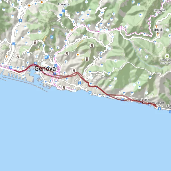 Miniaturní mapa "Gravel Route to Monte Santa Croce" inspirace pro cyklisty v oblasti Liguria, Italy. Vytvořeno pomocí plánovače tras Tarmacs.app