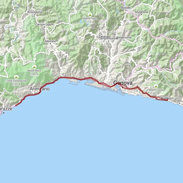Miniaturní mapa "Gravel Route to Cogoleto" inspirace pro cyklisty v oblasti Liguria, Italy. Vytvořeno pomocí plánovače tras Tarmacs.app