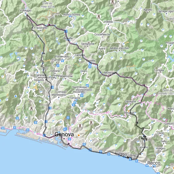 Miniatuurkaart van de fietsinspiratie "Van Genoa naar Sori via Monte Croce dei Fò" in Liguria, Italy. Gemaakt door de Tarmacs.app fietsrouteplanner