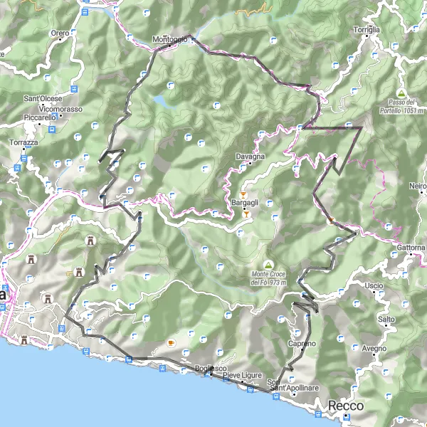 Miniatua del mapa de inspiración ciclista "Ruta en carretera por Monte Castellaro y Pieve Ligure" en Liguria, Italy. Generado por Tarmacs.app planificador de rutas ciclistas
