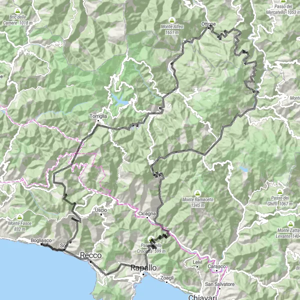 Karttaminiaatyyri "Seikkailullinen maantieretki Ligurian korkeuksilla" pyöräilyinspiraatiosta alueella Liguria, Italy. Luotu Tarmacs.app pyöräilyreittisuunnittelijalla